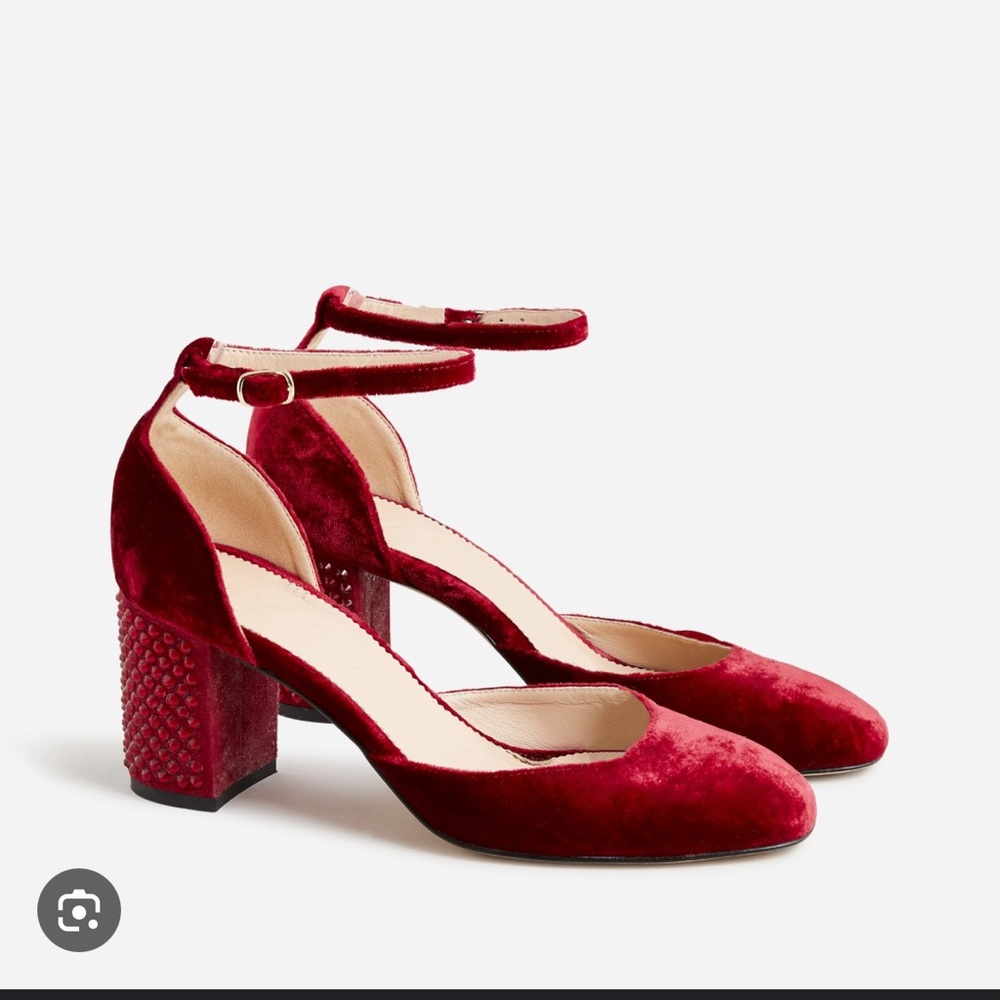 J. Crew Red Velvet Block Heel Ankle Strap Pumps